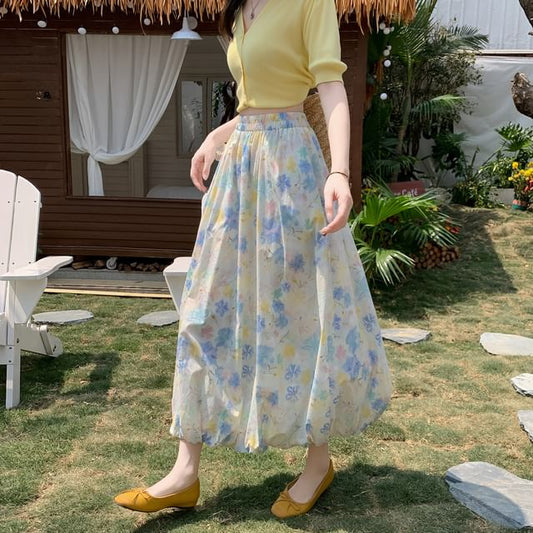 Elastic Skirt A-Line Floral Midi Waist