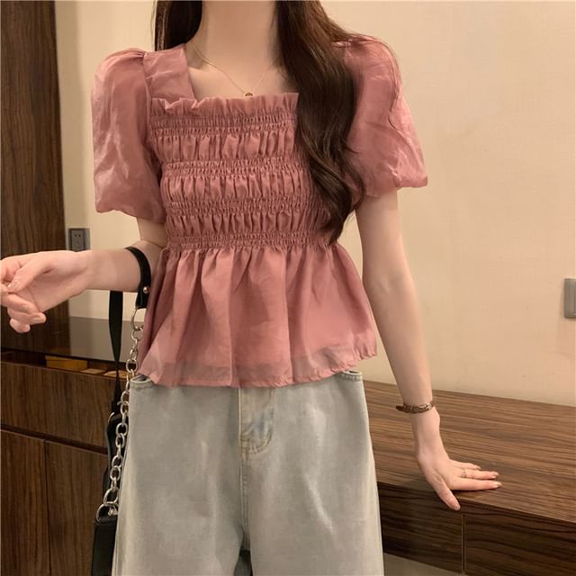 Plain Ruched Square Neck Peplum Short-Sleeve Blouse