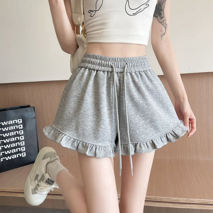 Drawstring Trim Waist Ruffle Sweat Shorts