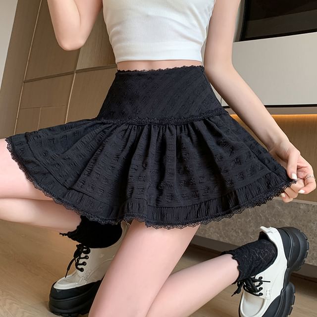 High Waist A-Line Lace Skirt Plain Mini Trim