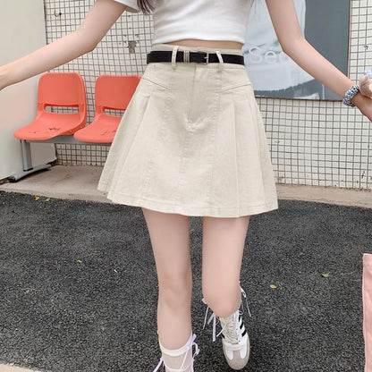 High Skirt Rise Denim Pleated Mini A-Line