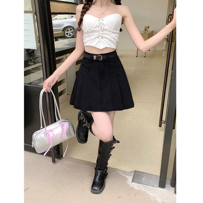 High Skirt Rise Denim Pleated Mini A-Line