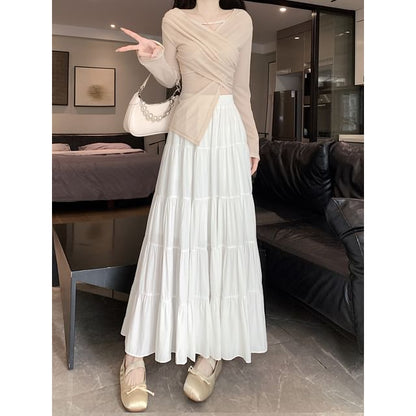 Tiered A-Line Plain Midi Waist Elastic Skirt