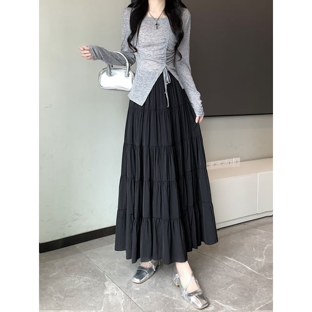 Tiered A-Line Plain Midi Waist Elastic Skirt
