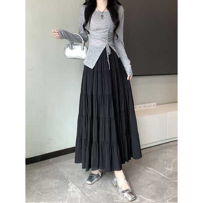 Tiered A-Line Plain Midi Waist Elastic Skirt