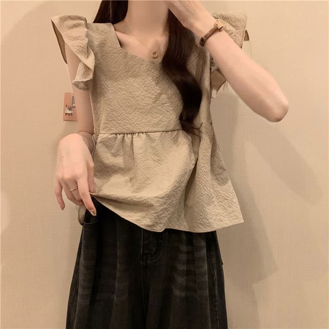 Plain Blouse Peplum Cap-Sleeve