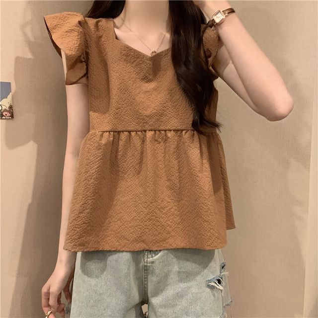 Plain Blouse Peplum Cap-Sleeve