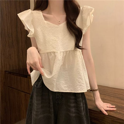 Plain Blouse Peplum Cap-Sleeve