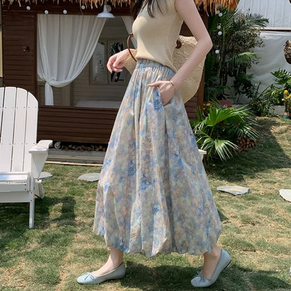 Elastic Skirt A-Line Floral Midi Waist