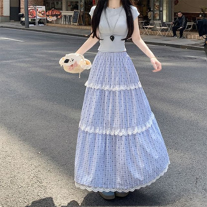 Trim Tiered Lace A-Line Dotted Maxi Skirt Waist Elastic Plaid