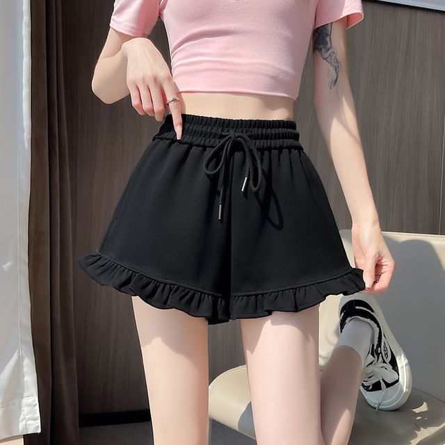 Drawstring Trim Waist Ruffle Sweat Shorts