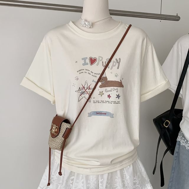 Neck Cartoon Print Short-Sleeve Crew Tee