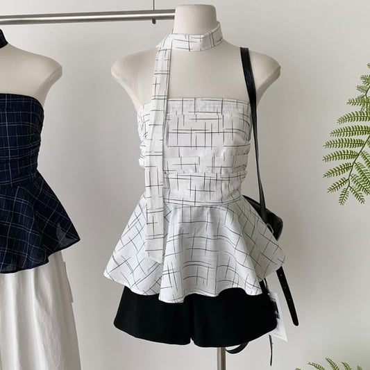Peplum Set: Plaid + Tube Scarf Top Skinny