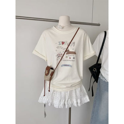 Neck Cartoon Print Short-Sleeve Crew Tee