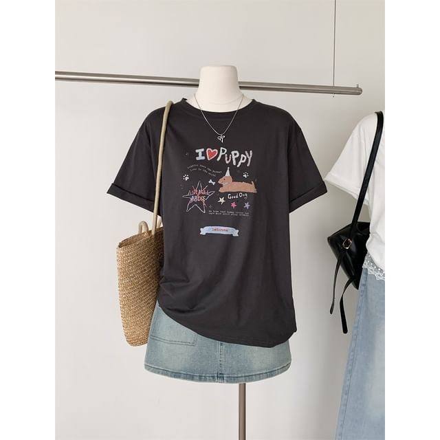 Neck Cartoon Print Short-Sleeve Crew Tee