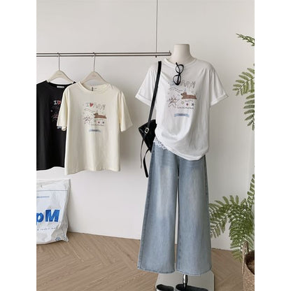 Neck Cartoon Print Short-Sleeve Crew Tee