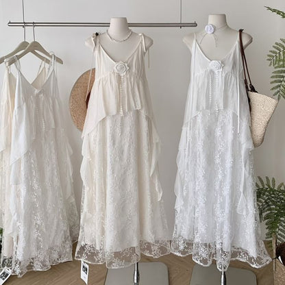 Dress Strap Spaghetti A-Line Lace Maxi V-Neck