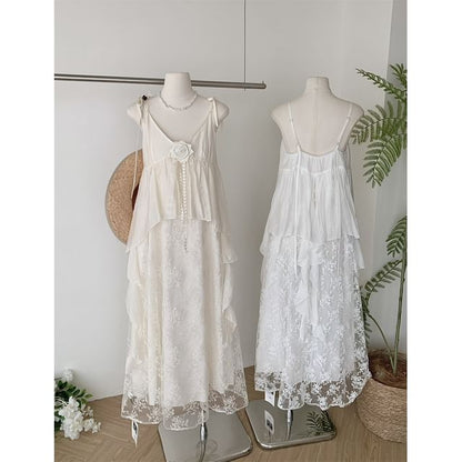 Dress Strap Spaghetti A-Line Lace Maxi V-Neck