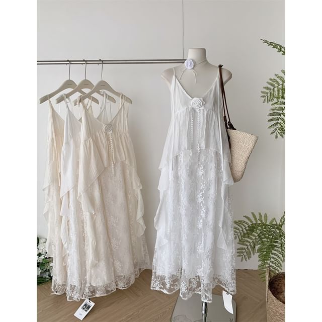 Dress Strap Spaghetti A-Line Lace Maxi V-Neck