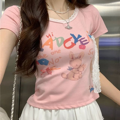 Print Crop Short-Sleeve Tee Crewneck Rabbit