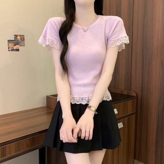 Plain Crewneck Tee Trim Short-Sleeve Lace