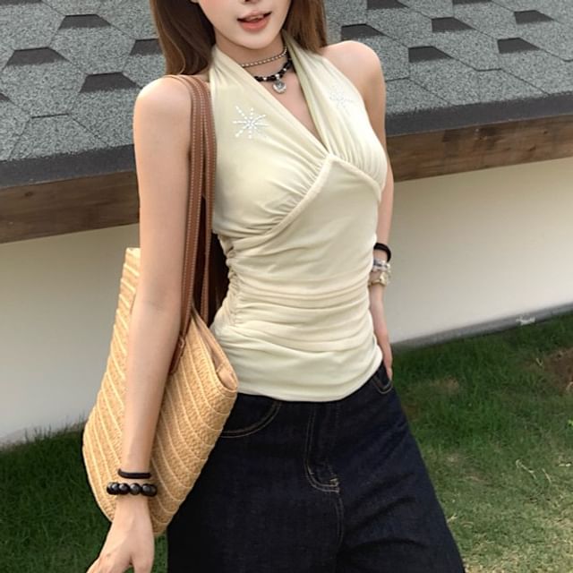 Crop Sleeveless Rhinestone V-Neck Top