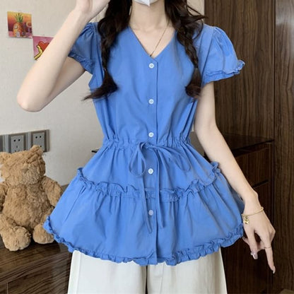 Short-Sleeve V-Neck Shirt Plain Flowy Frill Trim