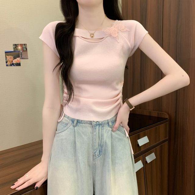 Plain Short-Sleeve Accent Tee Butterfly