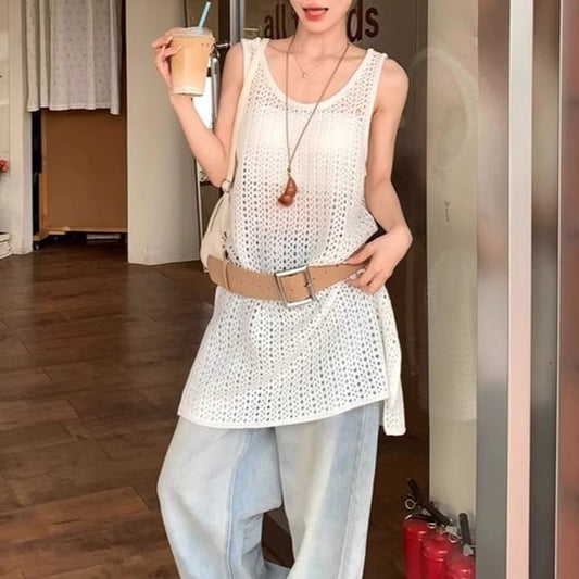 Knit Hem Plain Top Slit Sleeveless