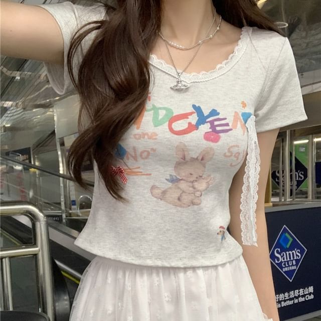 Print Crop Short-Sleeve Tee Crewneck Rabbit