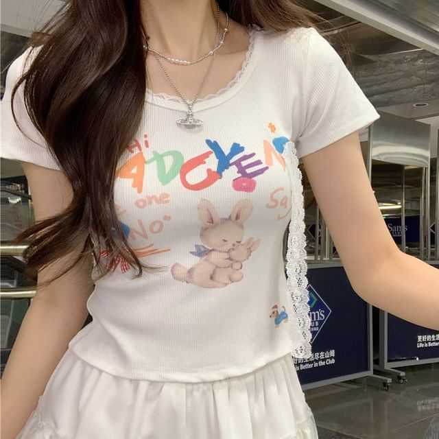 Print Crop Short-Sleeve Tee Crewneck Rabbit