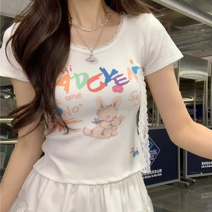 Print Crop Short-Sleeve Tee Crewneck Rabbit
