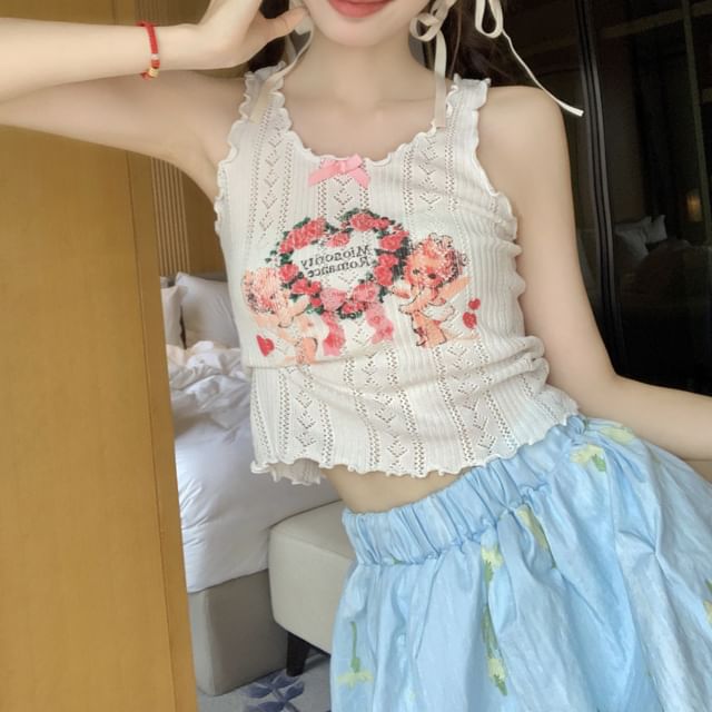 Lace Print Top Crop Tank Floral