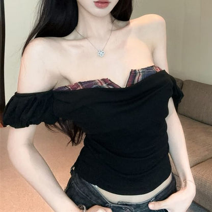 Mock Plaid Top Crop Trim Two-Piece Cap-Sleeve