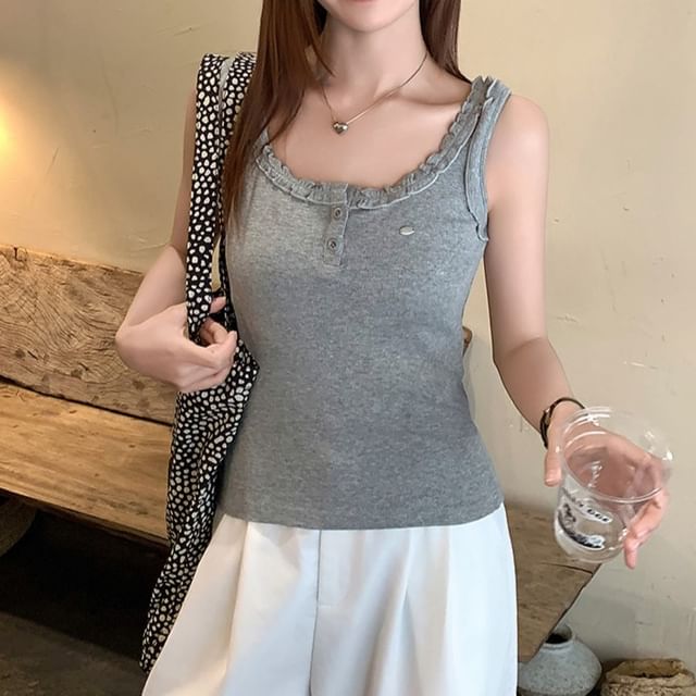 Tank Frill Plain Trim Crewneck Top
