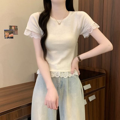 Plain Crewneck Tee Trim Short-Sleeve Lace