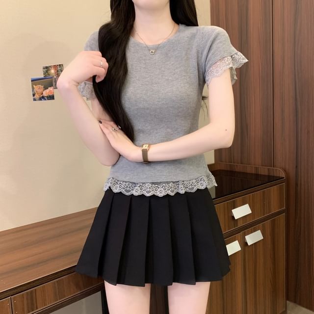 Plain Crewneck Tee Trim Short-Sleeve Lace