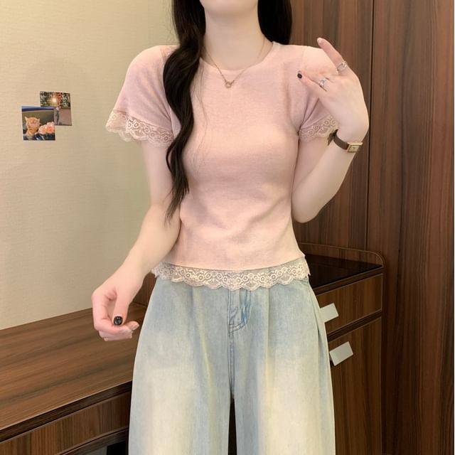Plain Crewneck Tee Trim Short-Sleeve Lace