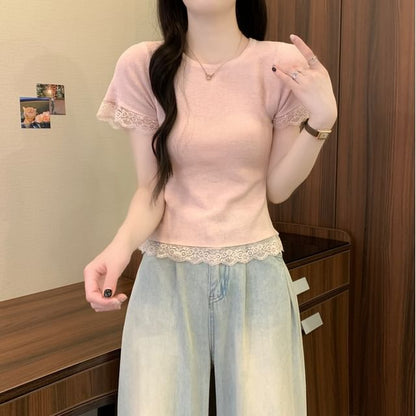 Plain Crewneck Tee Trim Short-Sleeve Lace