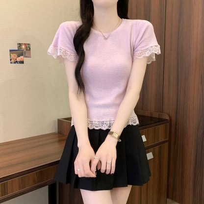 Plain Crewneck Tee Trim Short-Sleeve Lace