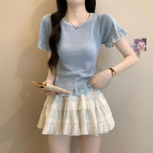 Plain Crewneck Tee Trim Short-Sleeve Lace