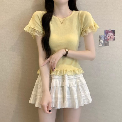 Plain Crewneck Tee Trim Short-Sleeve Lace