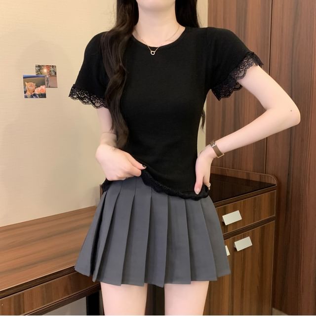 Plain Crewneck Tee Trim Short-Sleeve Lace