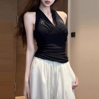 Crop Sleeveless Rhinestone V-Neck Top