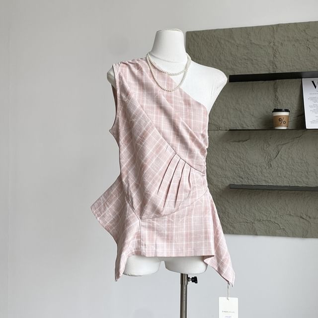 Top Plaid Sleeveless Asymmetrical