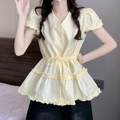 Short-Sleeve V-Neck Shirt Plain Flowy Frill Trim