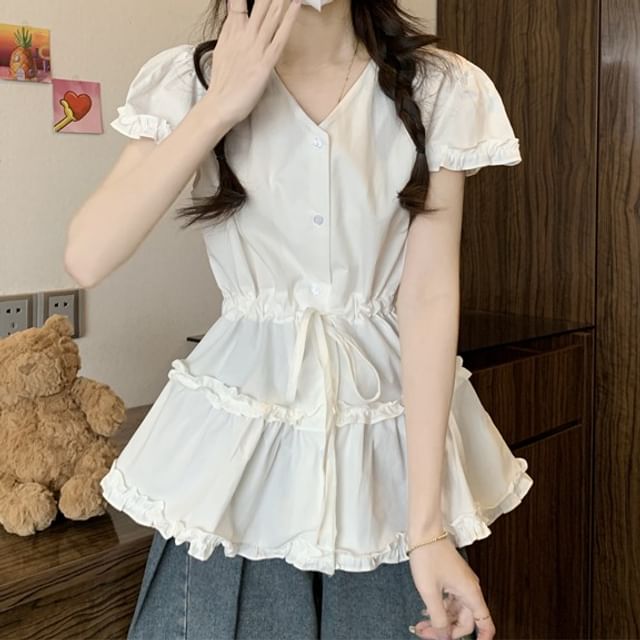 Short-Sleeve V-Neck Shirt Plain Flowy Frill Trim