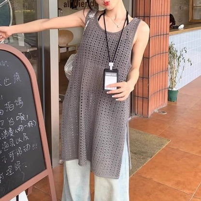 Knit Hem Plain Top Slit Sleeveless