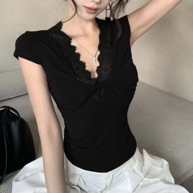 Cap-Sleeve V-Neck Lace Trim Crop Top