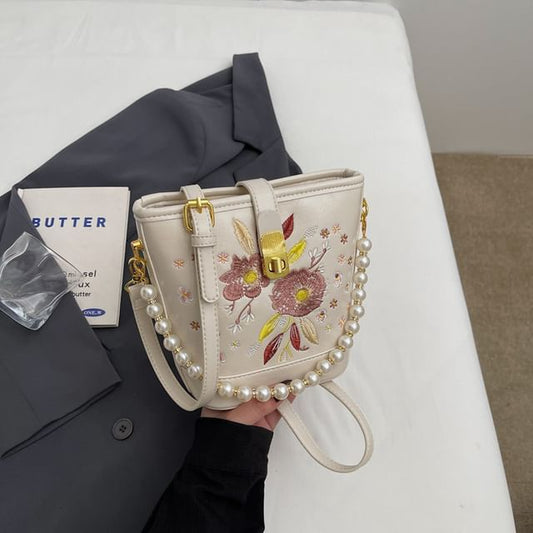 Bag Pearl Floral Bucket Embroidered Strap Faux